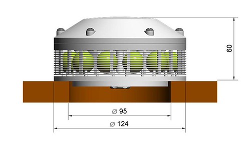 Dimensioned drawing of the Air-Only core unit mounted in a deck: 95 mm cut-out, 124 mm flange, 60 mm tall
