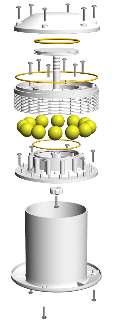 Exploded view of the Air-Only vent: cover, O-rings, closure stem, louvered housing, twelve float balls, base, knob and flanged tube with screws